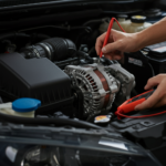 A mechanic testing a car alternator with a voltmeter under the hood, with dim headlights and a glowing battery warning light on the dashboard, indicating possible alternator failure.