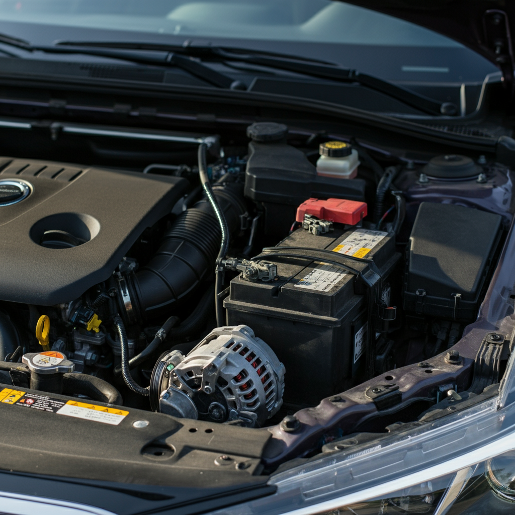 Close-up of a car engine with an open hood, focusing on the battery, starter motor, and alternator. A clicking sound is illustrated near the starter, representing common car starting issues.