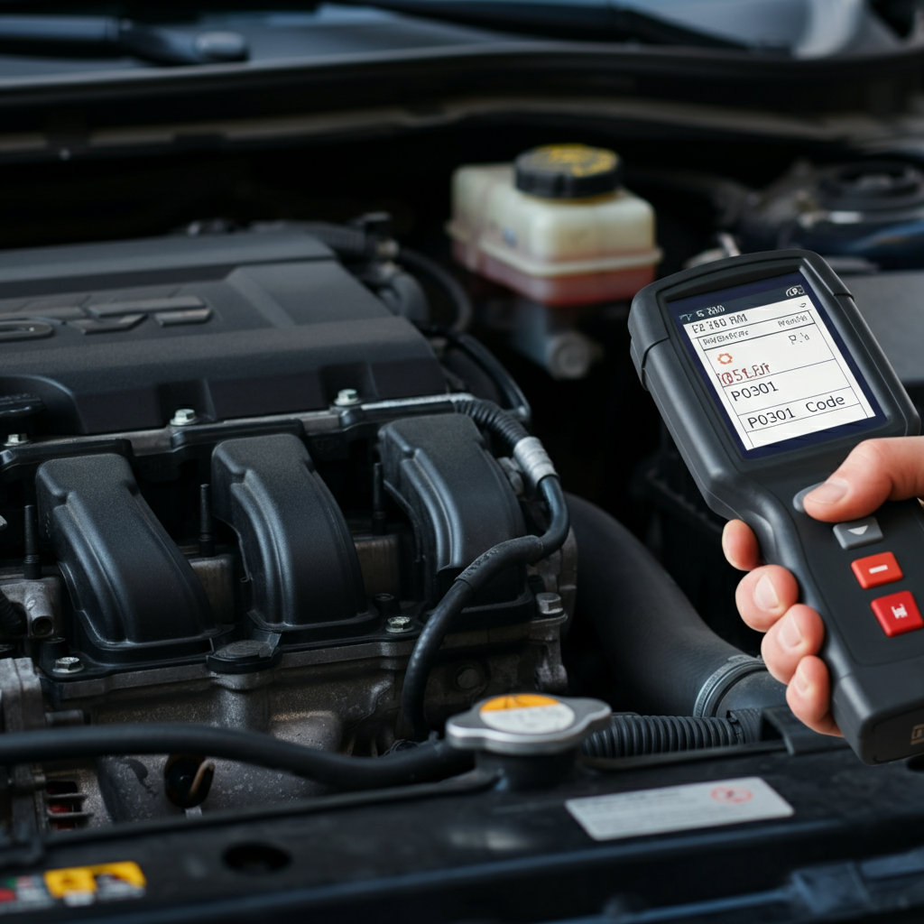 How to tell if your car is misfiring – A mechanic using an OBD-II scanner to diagnose a misfiring engine. The check engine light is on, and the car hood is open, revealing spark plugs and ignition coils.