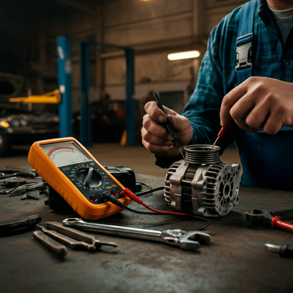 Mechanic using a multimeter to test an alternator on a workbench with tools in a workshop setting.