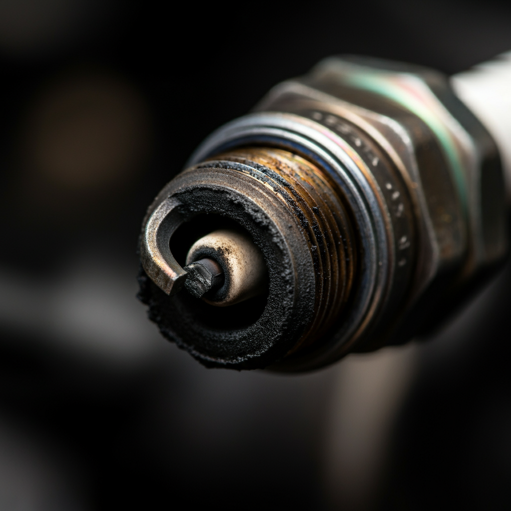 Close-up of a spark plug covered in black soot, showing carbon deposits on the electrode and insulator.